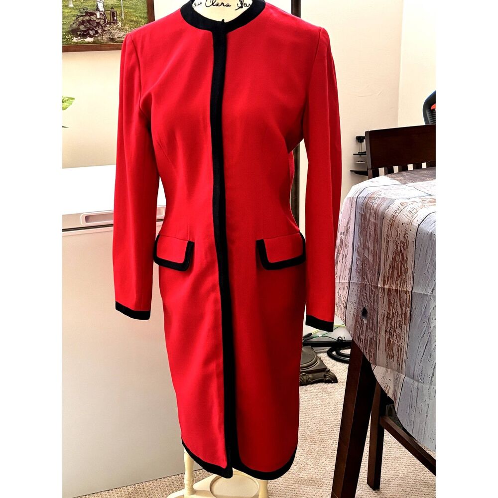 1980's Vintage Red w/ Black Trim 100% Wool Dress by Ann Tjian for Kenar Size 6